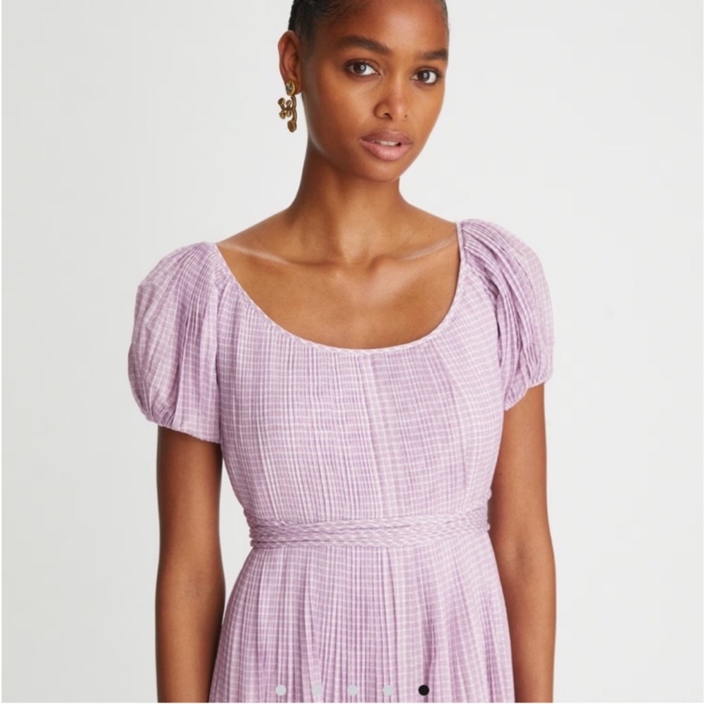 Tory Burch NWT Cotton/Silk Purple Plaid Pleated Dress, Size 10, New! - Picture 2 of 9